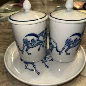 Vintage Japanese Horse Lidded Tea Cups with Server